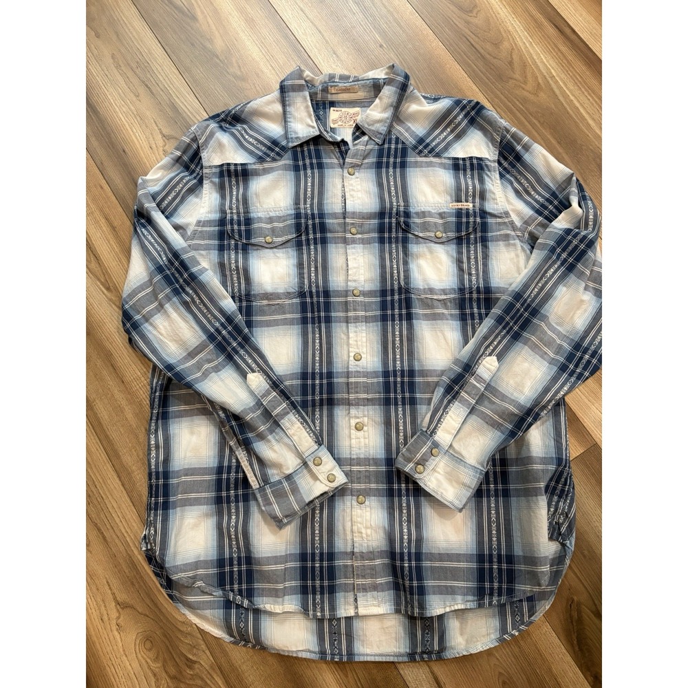 Lucky Brand Blue Western Wear Plaid Shirt Size XL Pearl Button Snaps